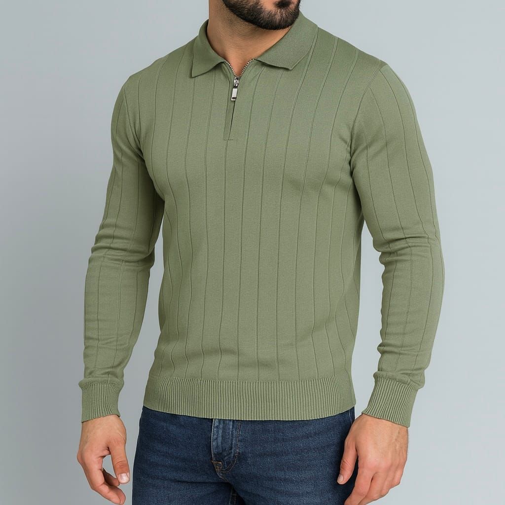 Olive Ribbed Zip Polo Sweater gallery.thumbnail 1