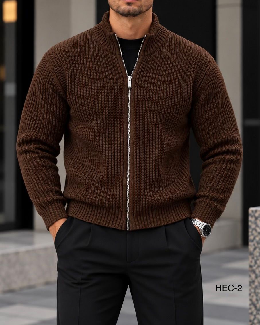 Brown Ribbed Full-Zip Knit Jacket 1