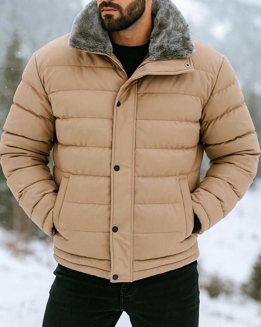 Beige Puffer Jacket with Fur Collar gallery.thumbnail 1