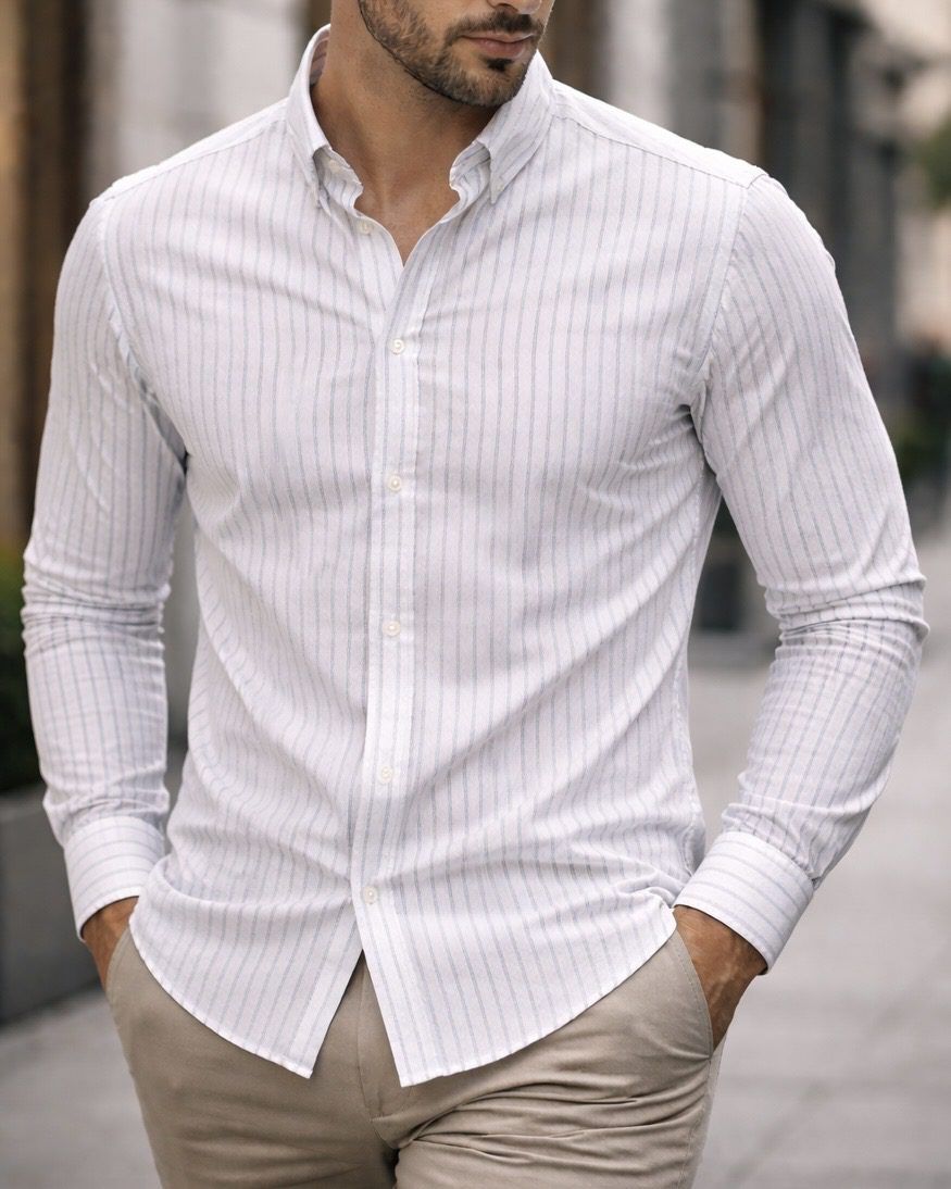 White Navy Pinstripe Shirt gallery.thumbnail 1