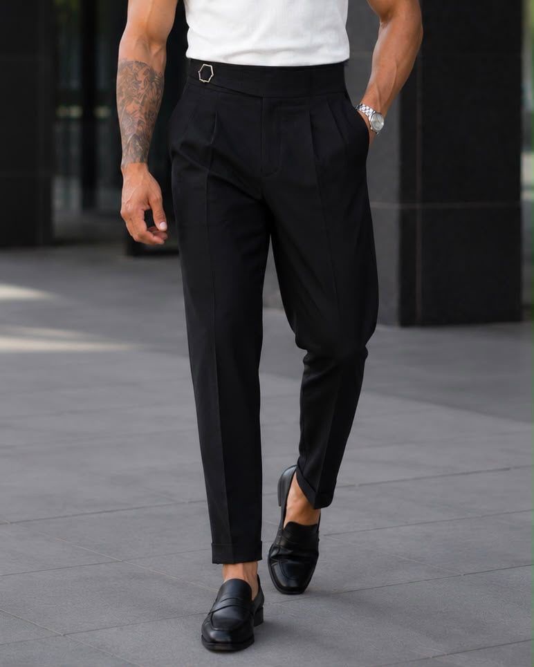 Double Pleat Side Adjuster Trousers – Black gallery.thumbnail 1