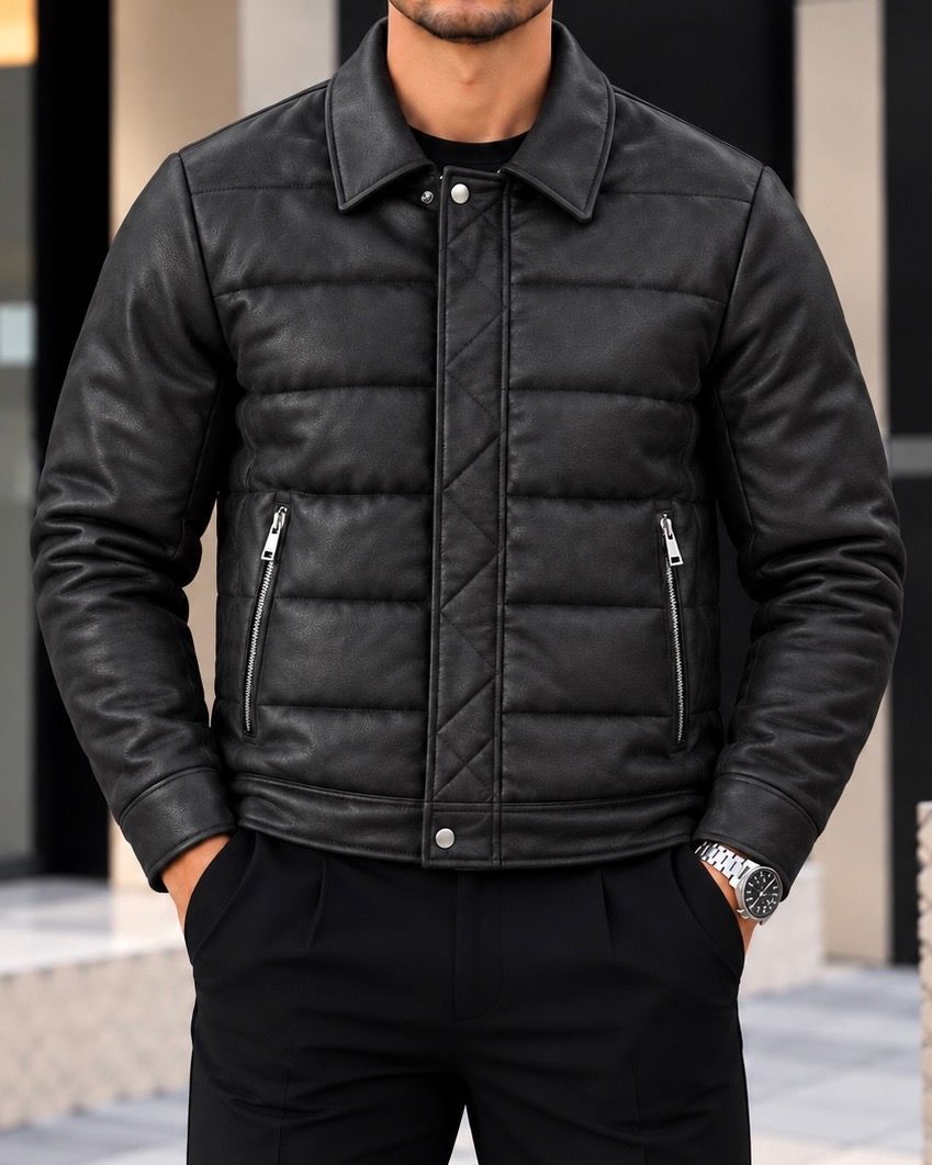 Leather Collared Padded Jacket 1