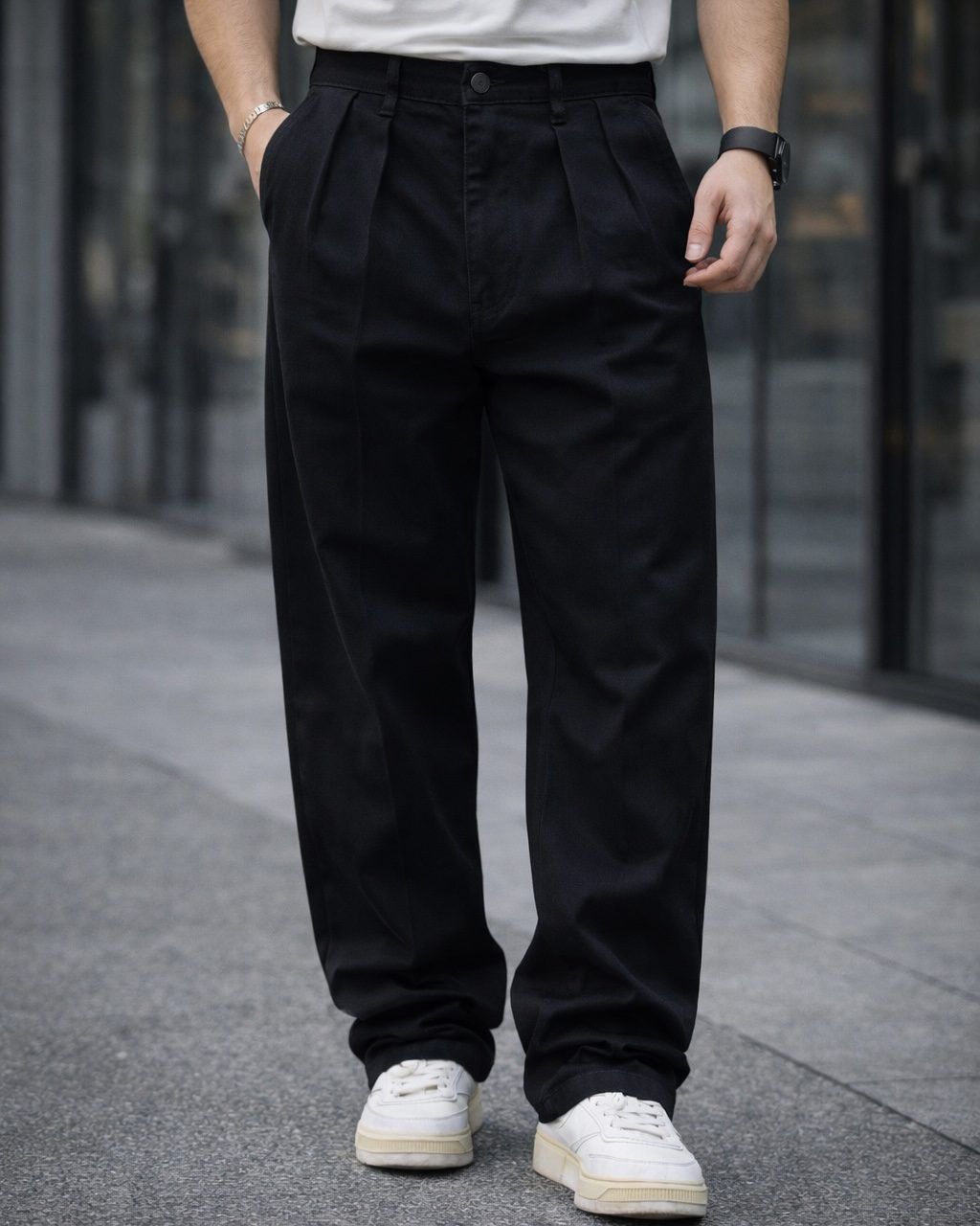 Pleated Denim Jeans – Black 1