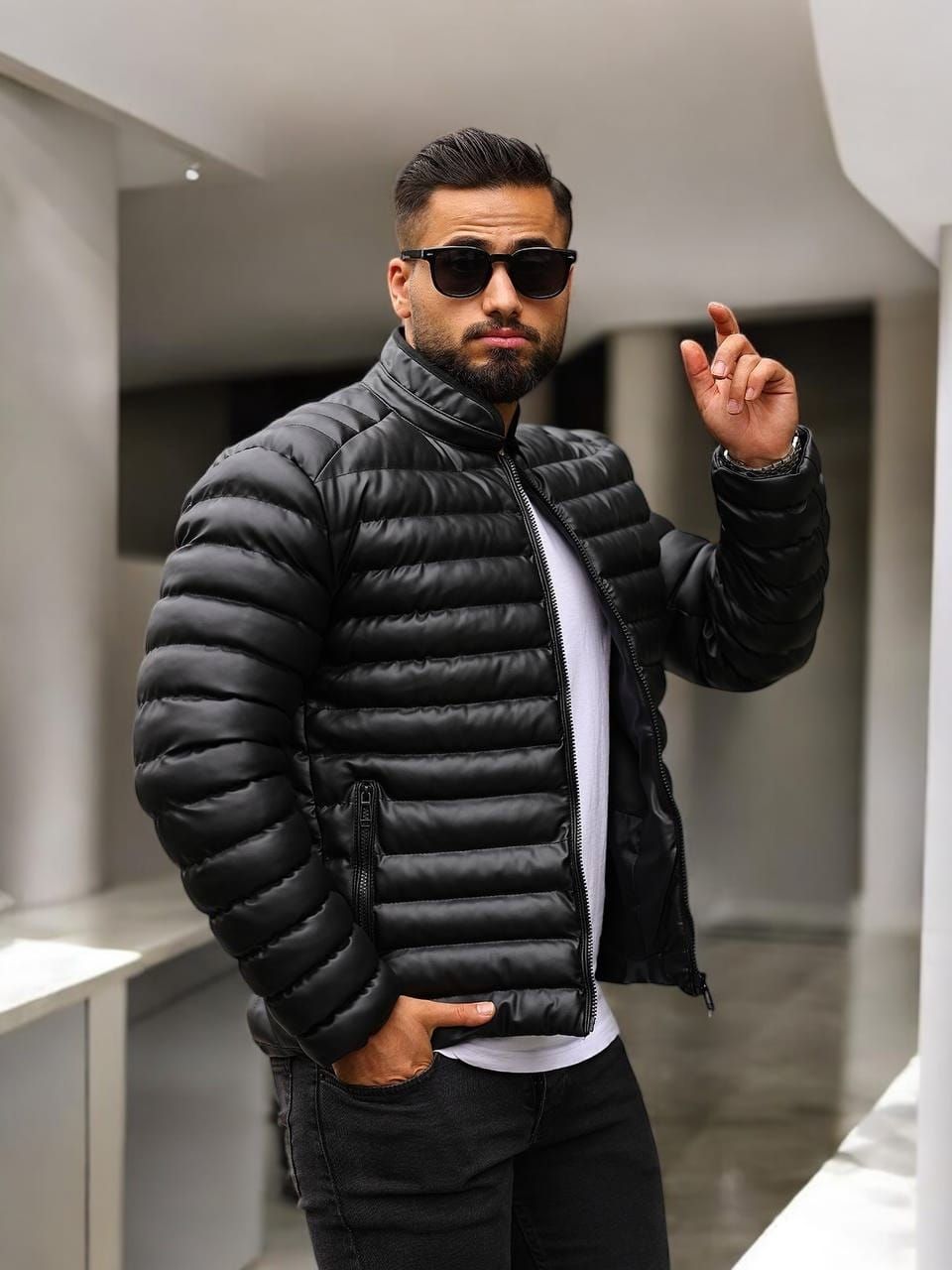 Black Leather Puffer Jacket gallery.thumbnail 2