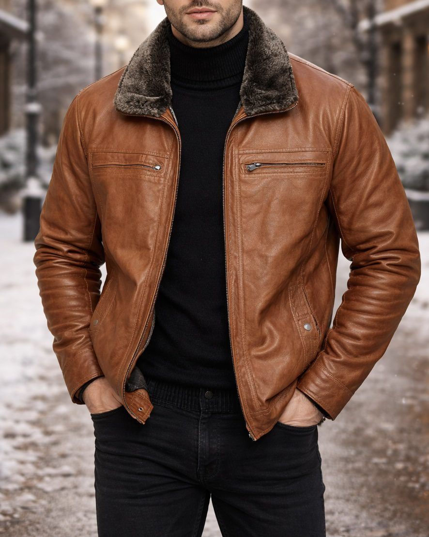 Luxury Shearling Leather Jacket – Cognac Brown gallery.thumbnail 1