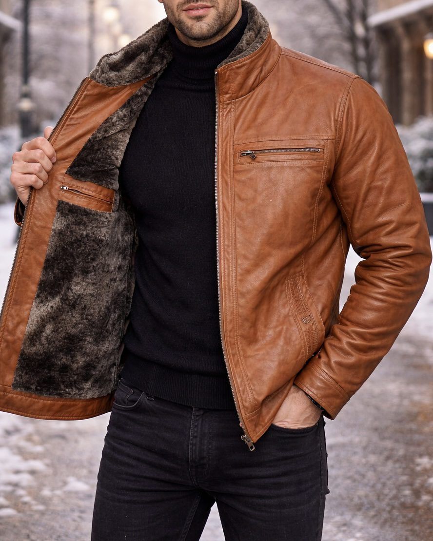 Luxury Shearling Leather Jacket – Cognac Brown gallery.thumbnail 2