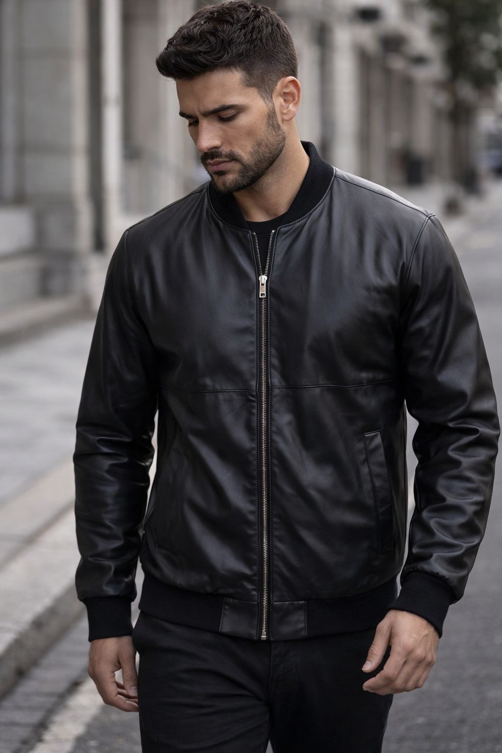Leather Zip Jacket – Black gallery.thumbnail 1