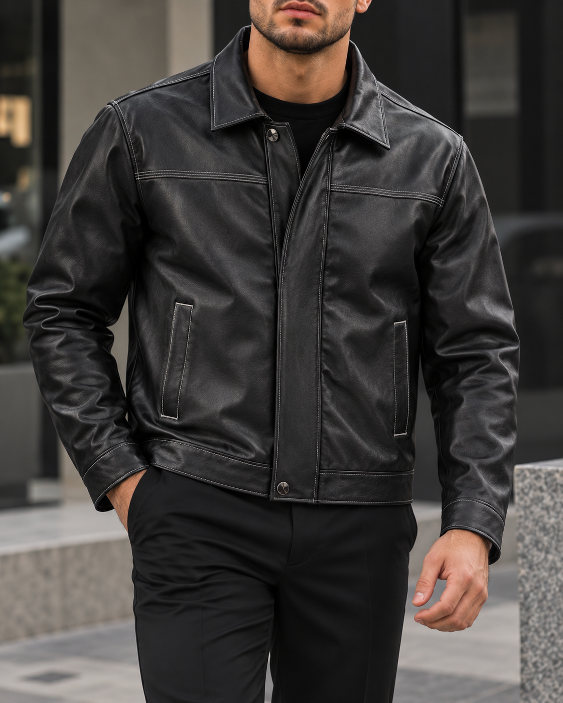 Contrast Stitch Leather Jacket 1