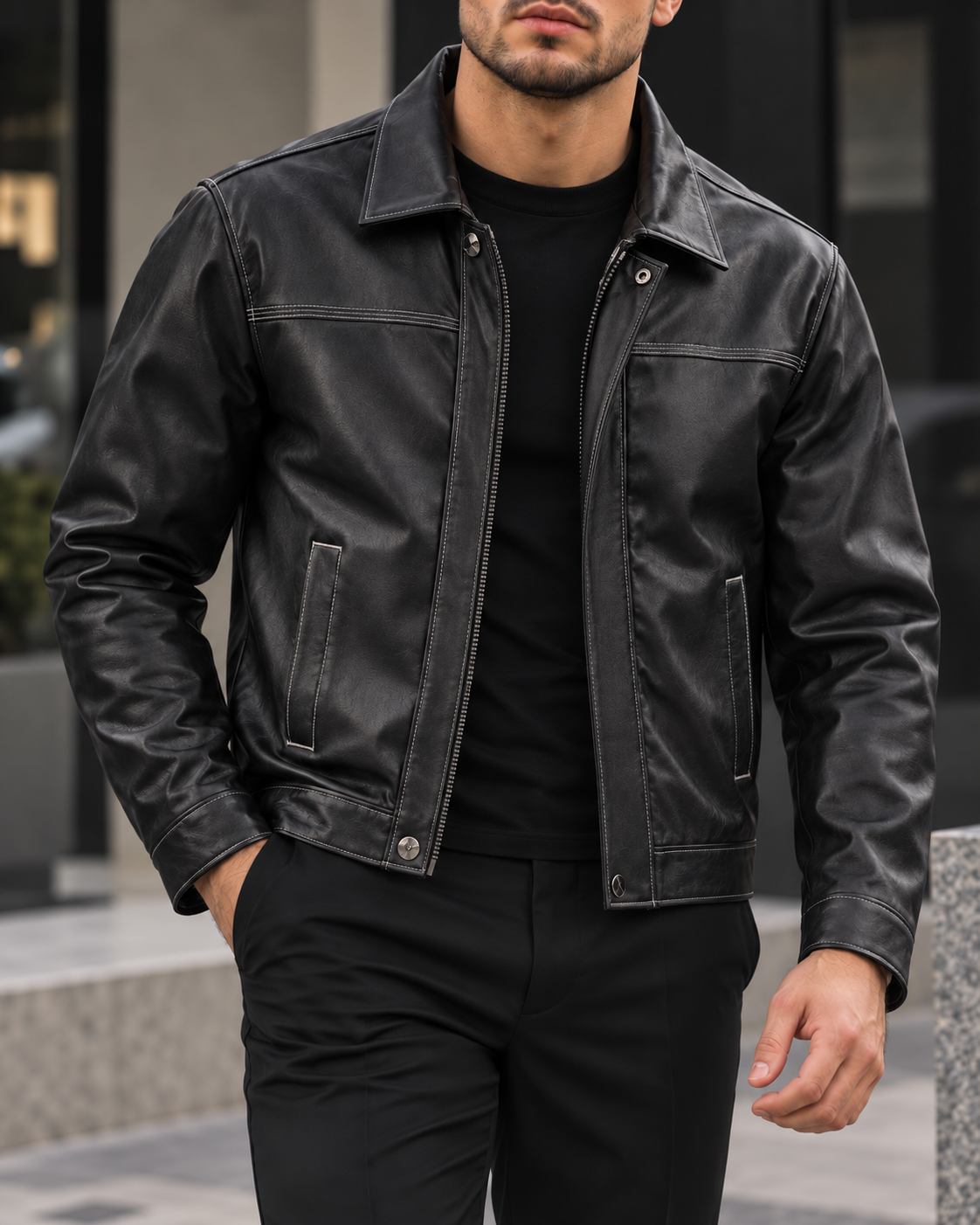 Contrast Stitch Leather Jacket gallery.thumbnail 2