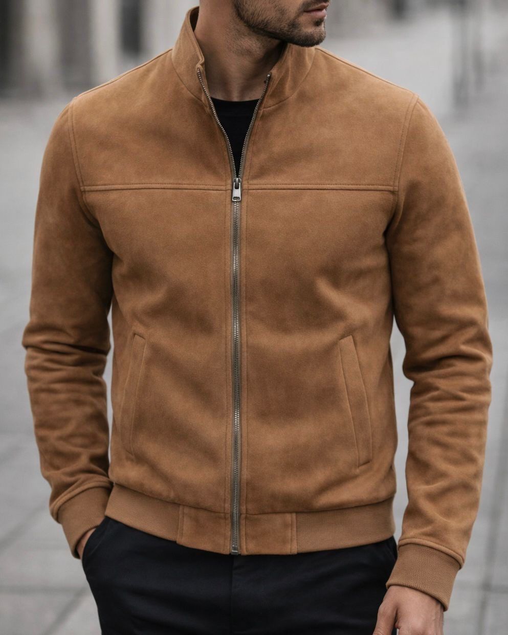 Suede Stand Collar Jacket – Camel Tan gallery.thumbnail 1