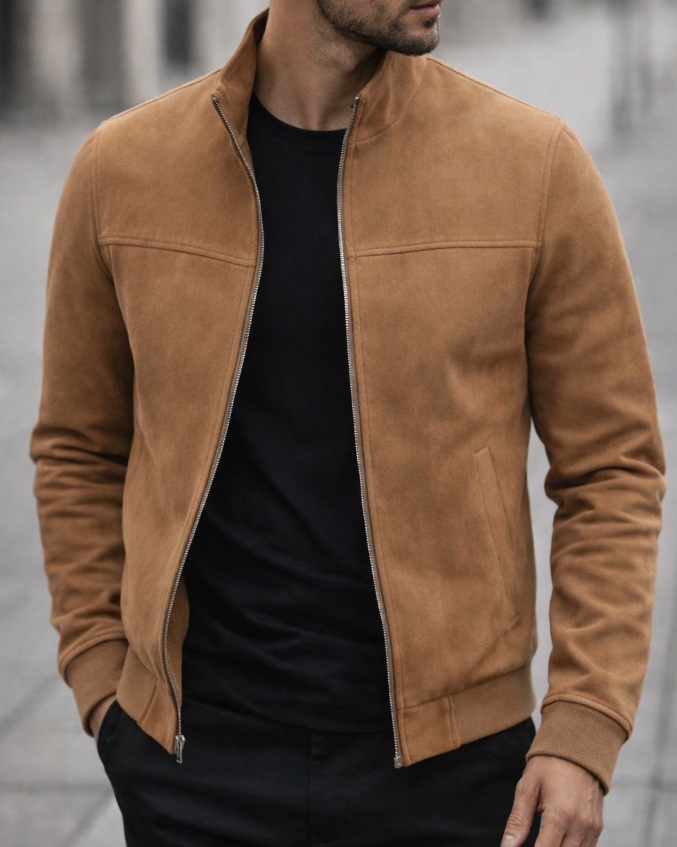 Suede Stand Collar Jacket – Camel Tan gallery.thumbnail 2