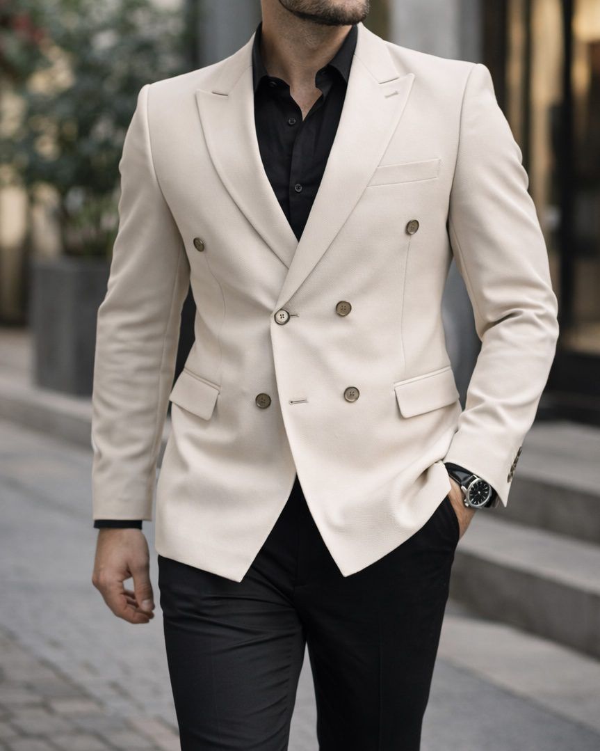 Beige Double-Breasted Blazer 1