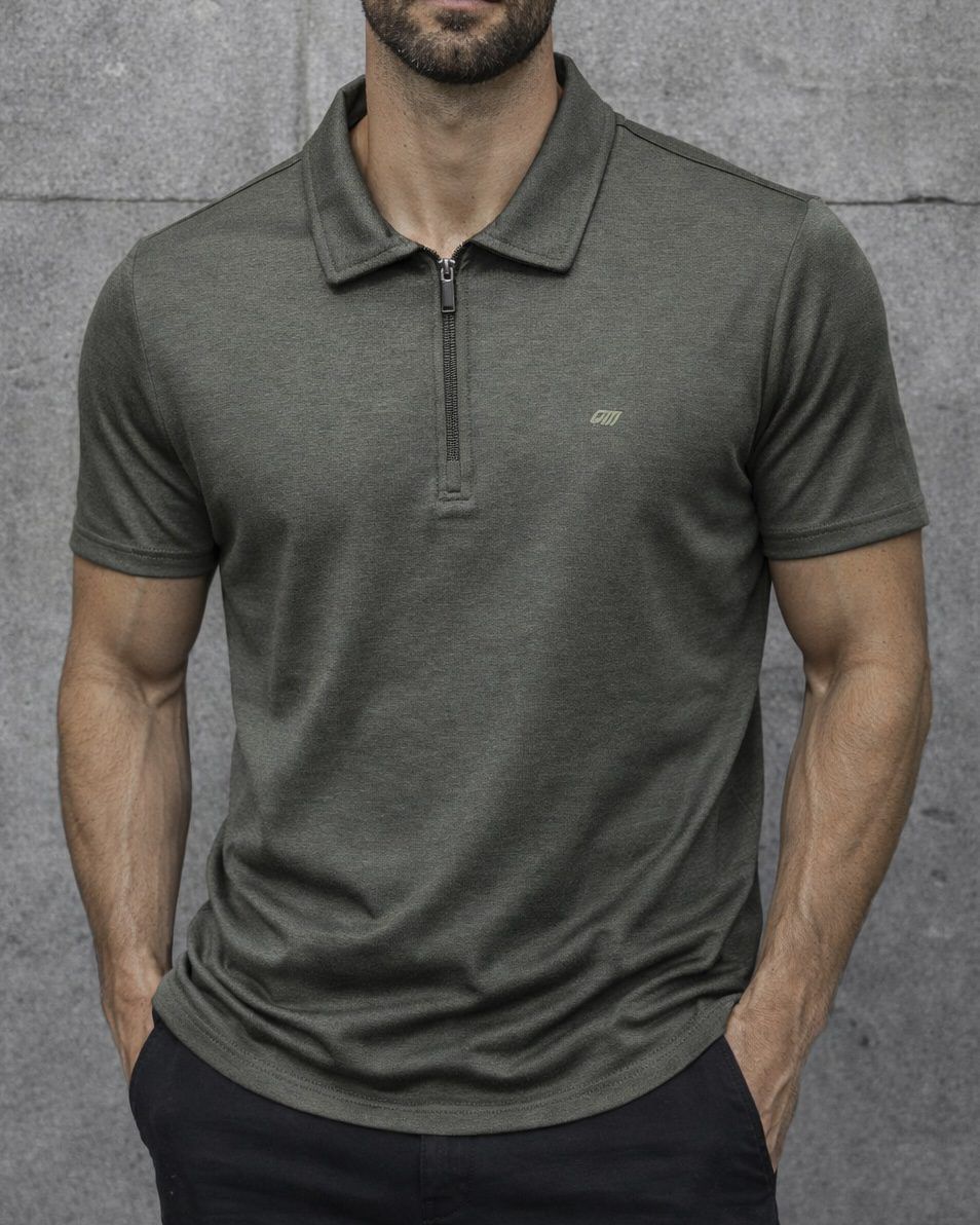 Olive Zip Polo Shirt gallery.thumbnail 1