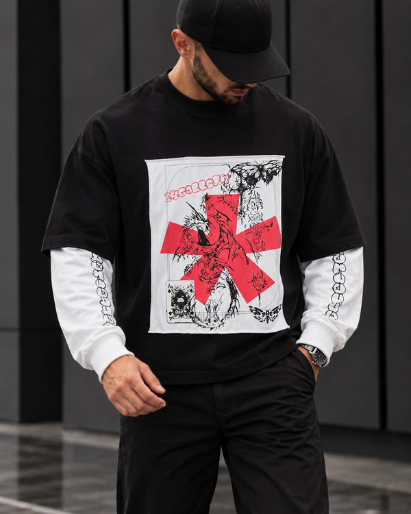 Black Oversized Layered Graphic Sweatshirt