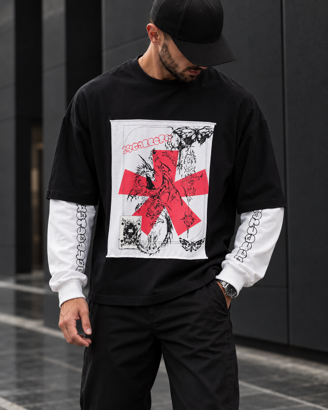 Black Oversized Layered Graphic Sweatshirt gallery.thumbnail 3