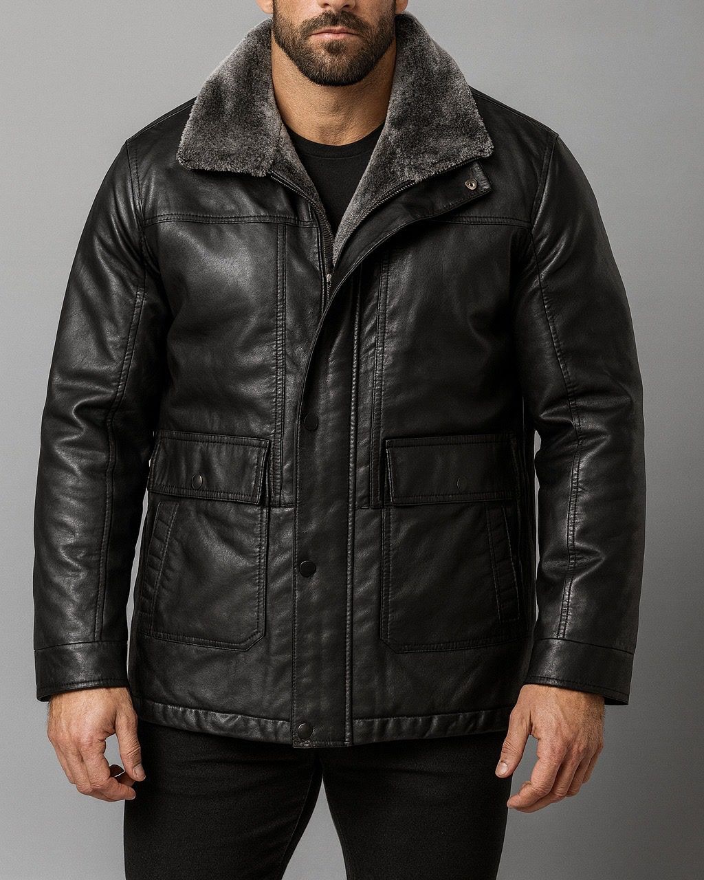 LUX FUR-COLLAR LEATHER JACKET – BLACK gallery.thumbnail 1