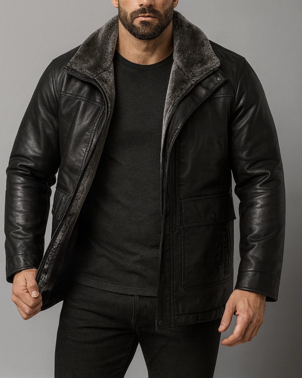 LUX FUR-COLLAR LEATHER JACKET – BLACK gallery.thumbnail 2