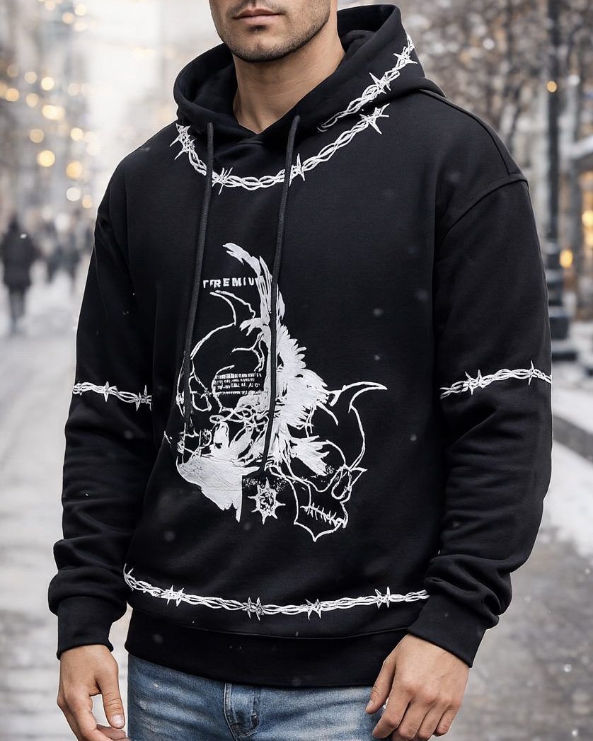 GRAPHIC BARBED HOODIE - BLACK 1