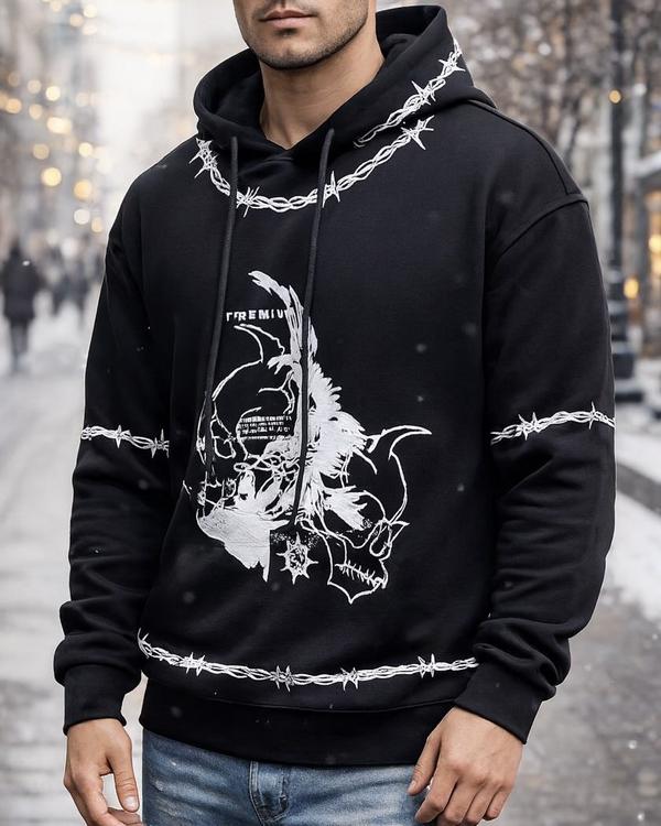 GRAPHIC BARBED HOODIE - BLACK