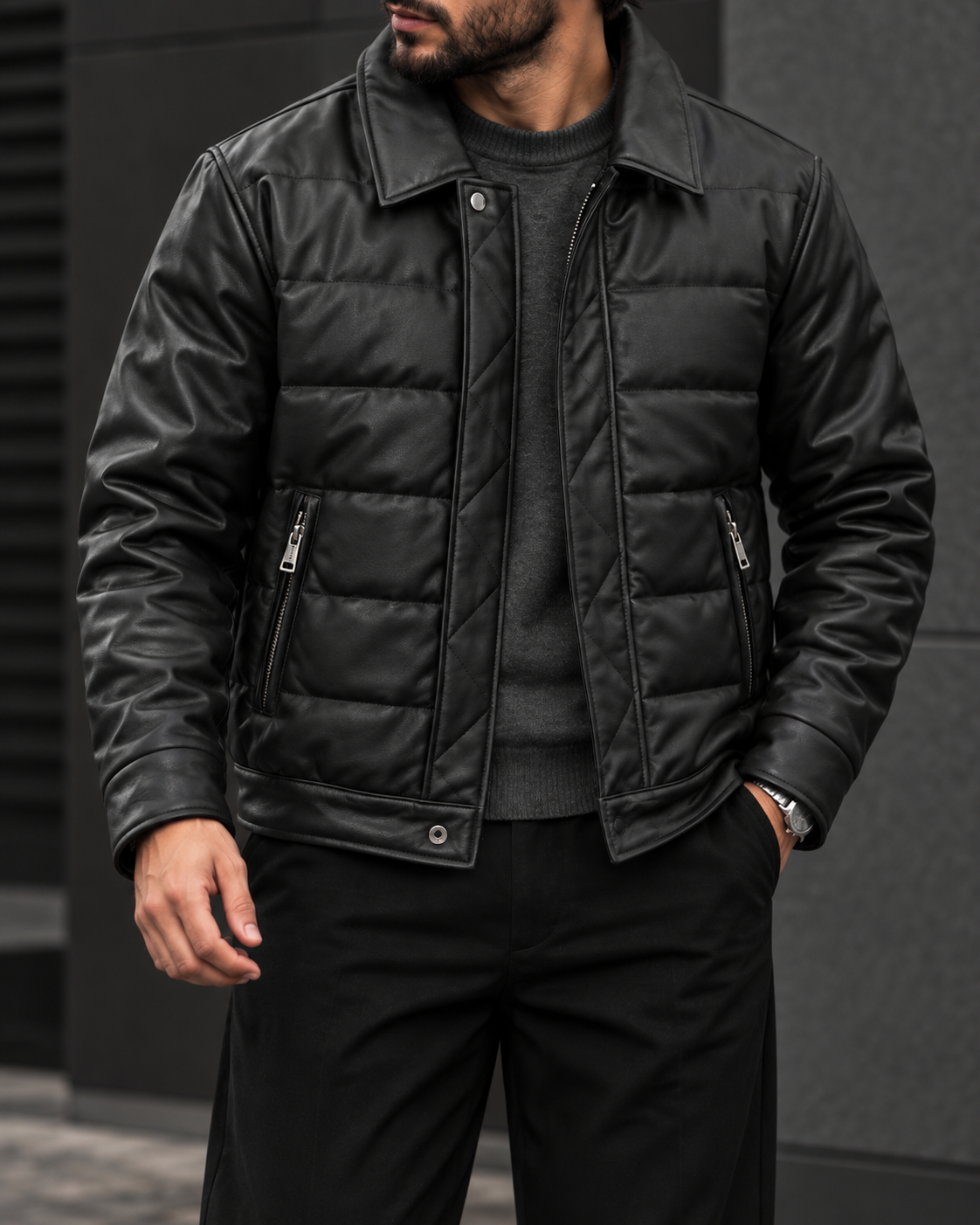 Padded Panel Leather Jacket gallery.thumbnail 2