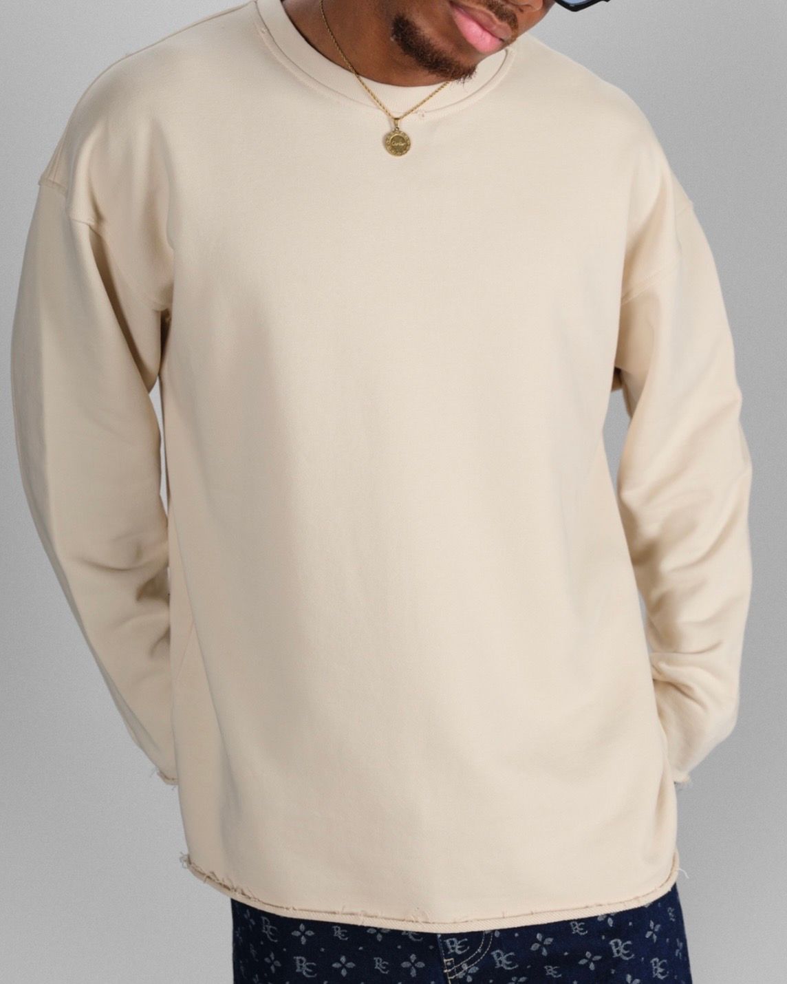 Beige Raw Edge Crewneck Sweatshirt gallery.thumbnail 1