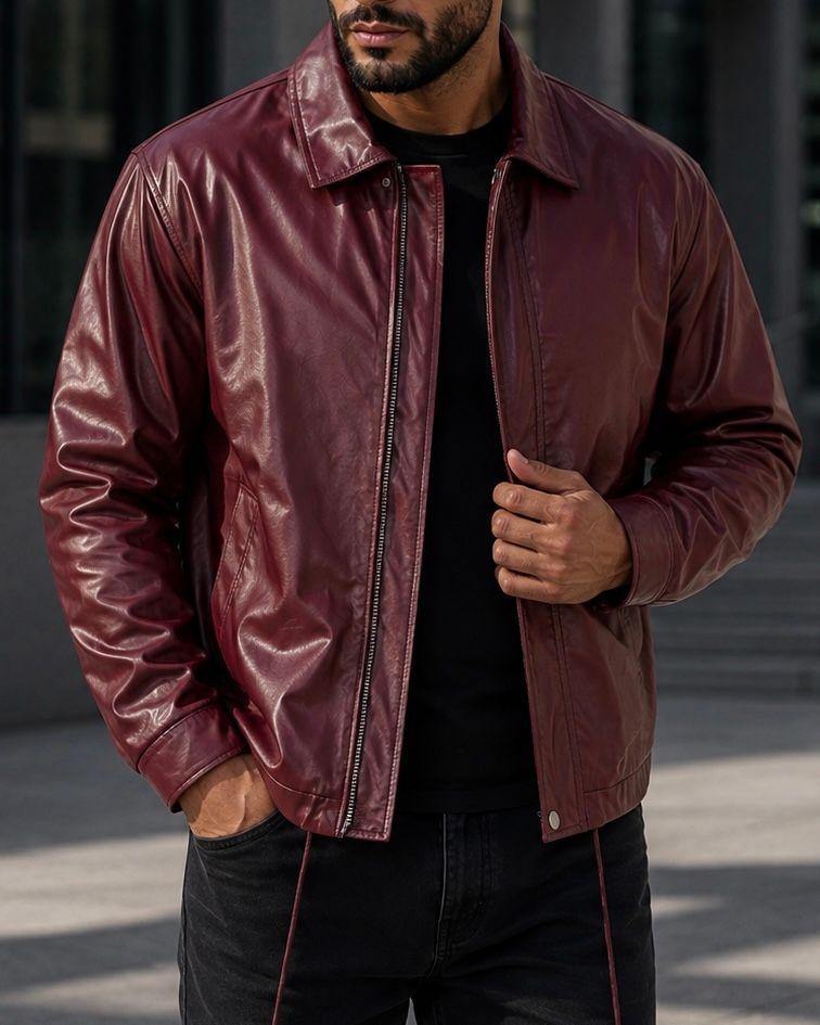 Burgundy Faux Leather Zip Jacket gallery.thumbnail 2