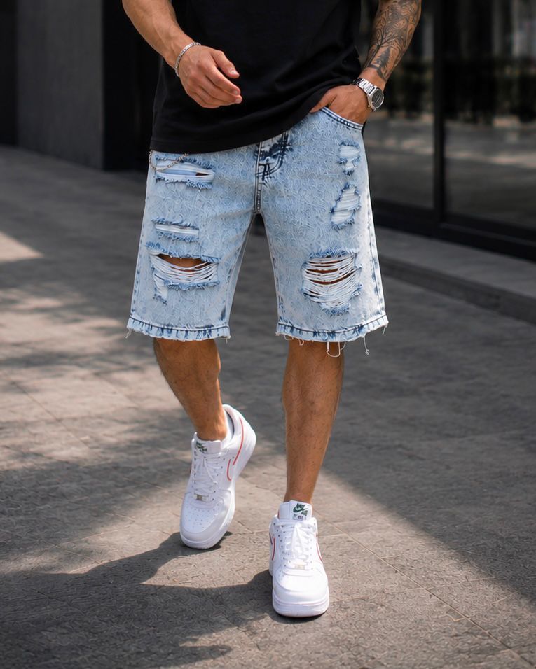 Distressed Chain Denim Shorts – Ice Blue gallery.thumbnail 2