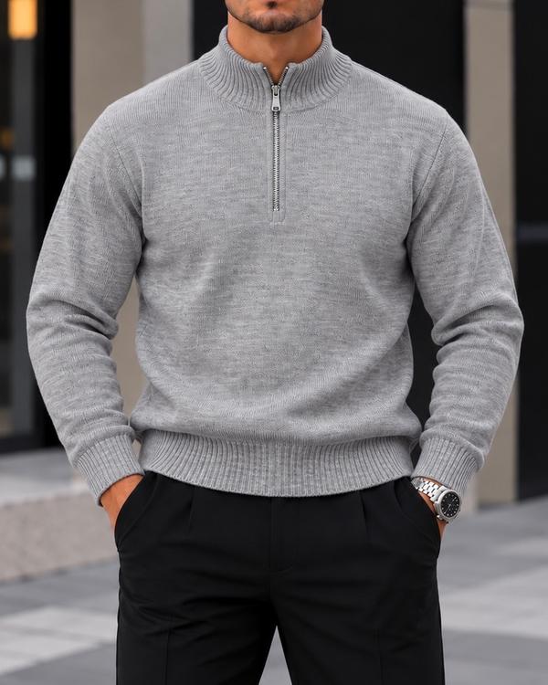 Grey Ribbed Collar Half-Zip Knit