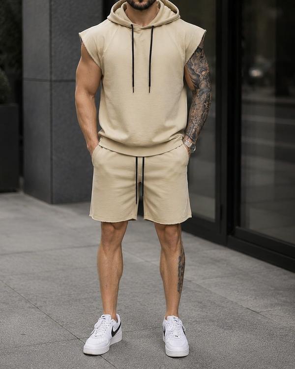 Beige Sleeveless Hoodie Set
