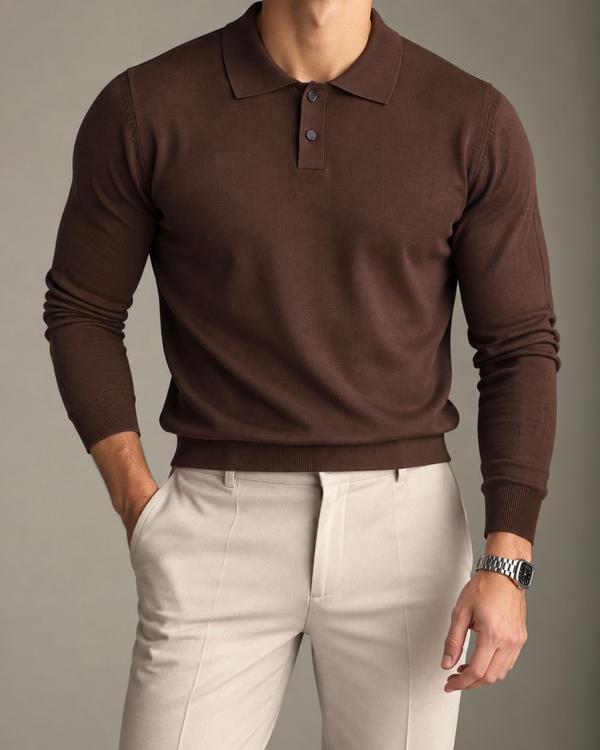 Brown Long Sleeve Knit Polo