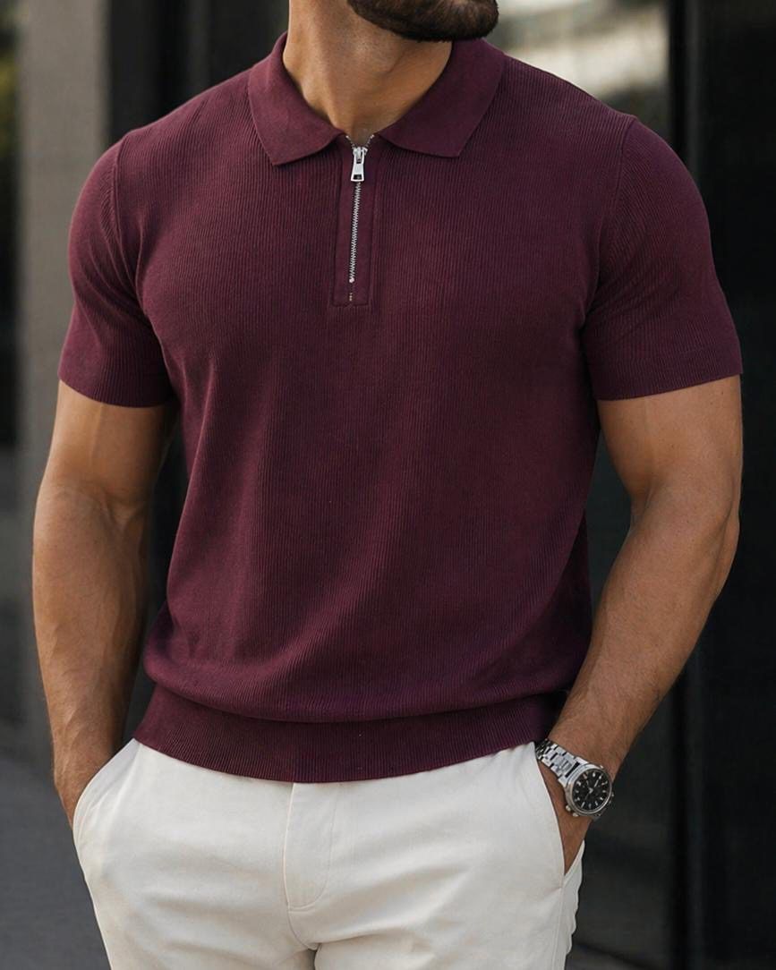 Ribbed Zip Polo Knit – Burgundy gallery.thumbnail 1