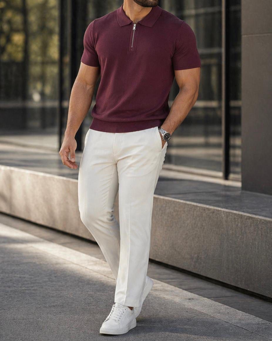 Ribbed Zip Polo Knit – Burgundy gallery.thumbnail 2