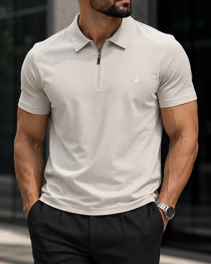 Zip Collar Polo Shirt – Beige gallery.thumbnail 1