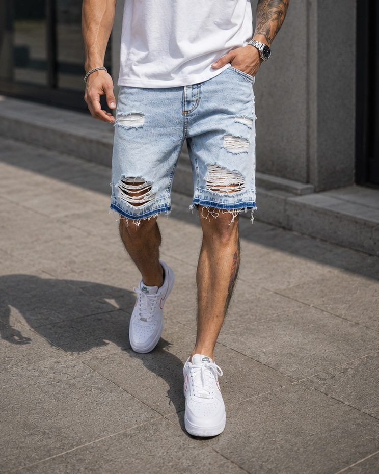 Distressed Light Blue Denim Shorts gallery.thumbnail 2