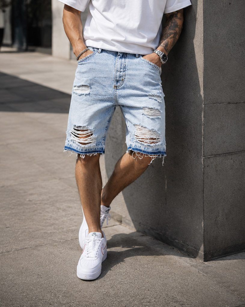 Distressed Light Blue Denim Shorts gallery.thumbnail 3