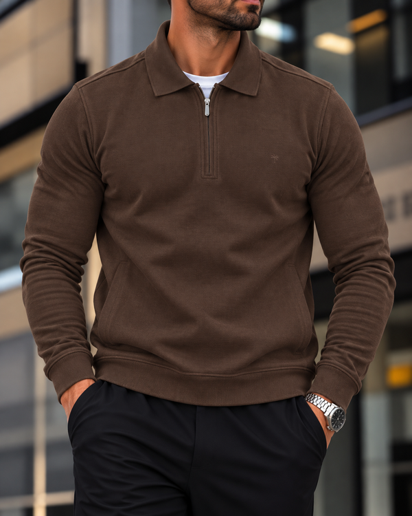 Brown PREMIUM HALF-ZIP POLO SWEATSHIRT