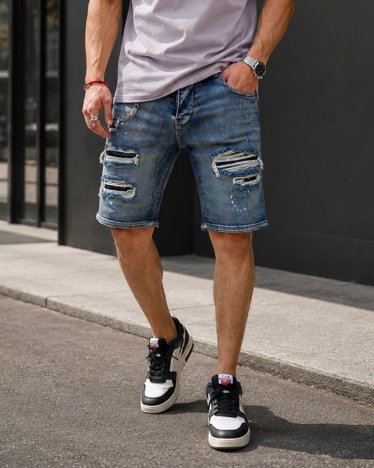 Distressed Chain Denim Shorts – Mid Blue 1