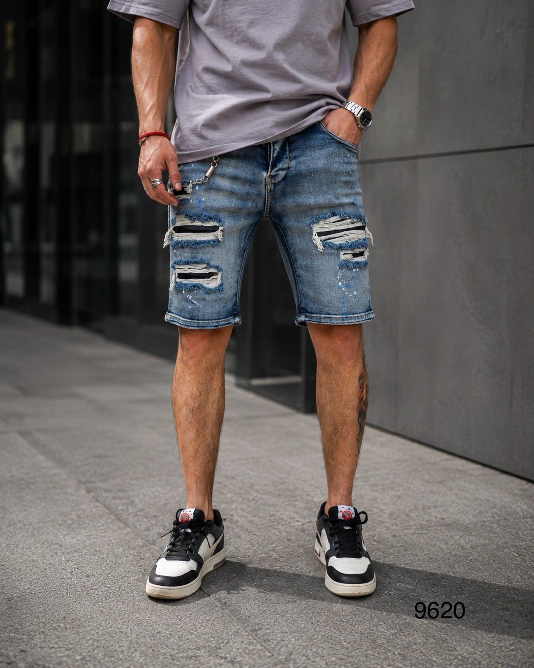 Distressed Chain Denim Shorts – Mid Blue gallery.thumbnail 2