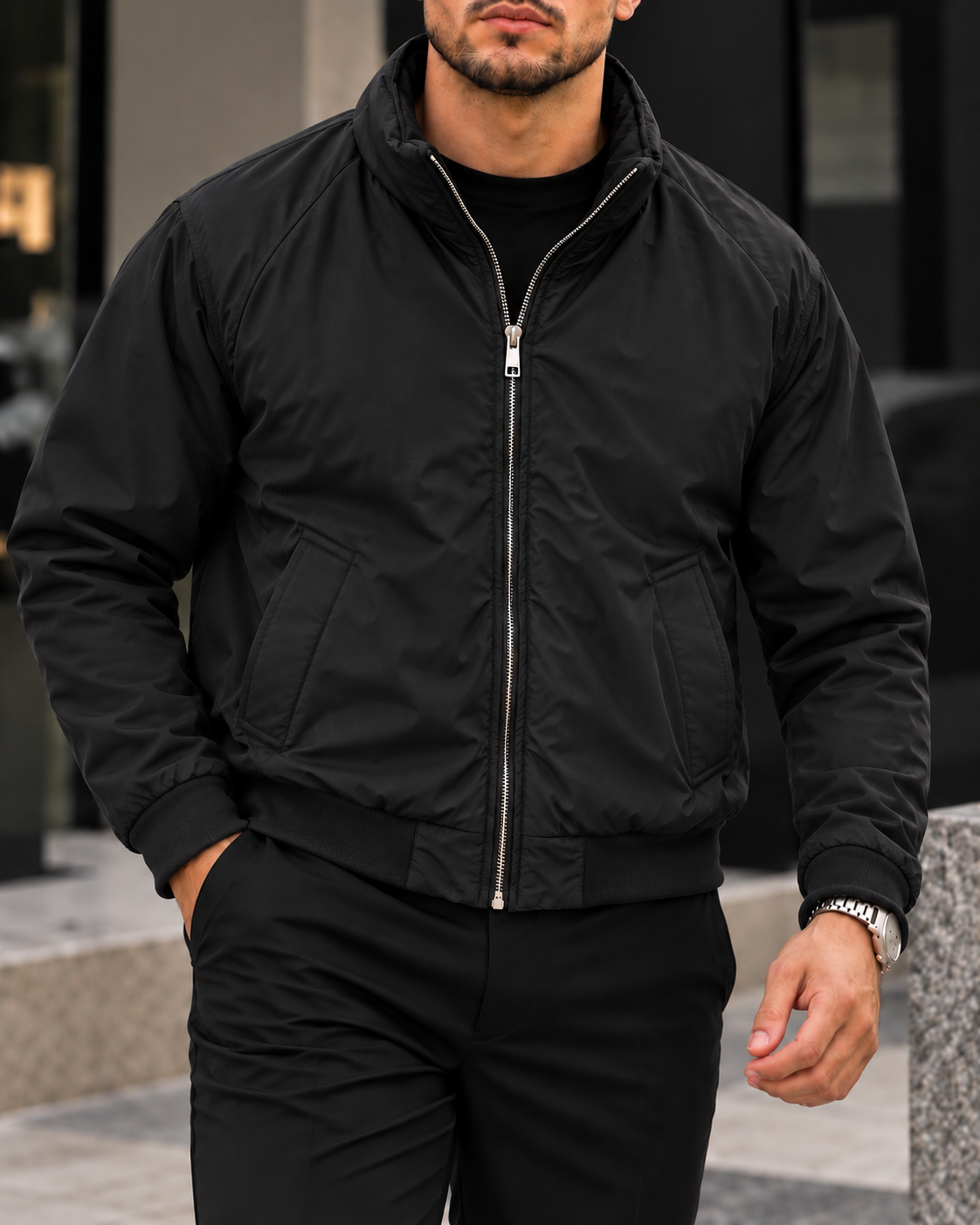 Black Lightweight Zip Bomber Jacket gallery.thumbnail 1