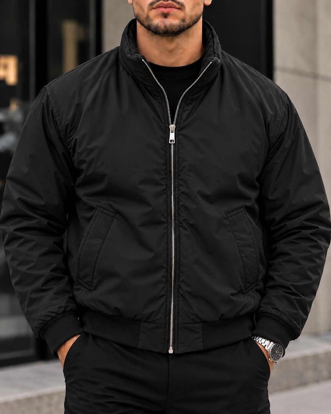Black Lightweight Zip Bomber Jacket gallery.thumbnail 2