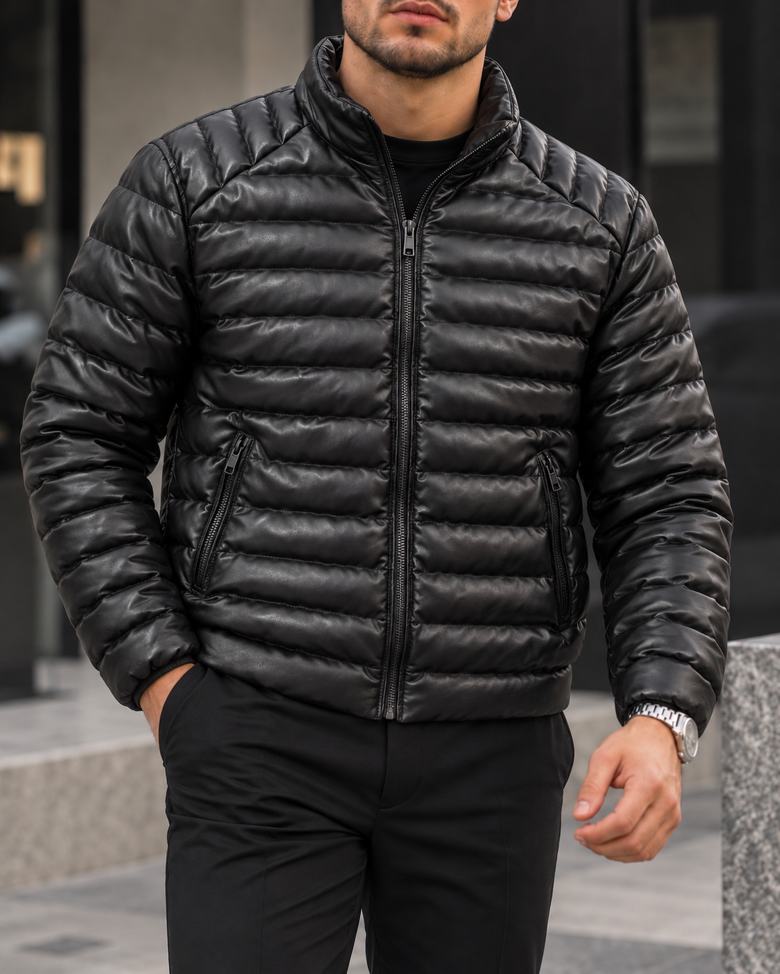 Black Horizontal Quilted Jacket. 1