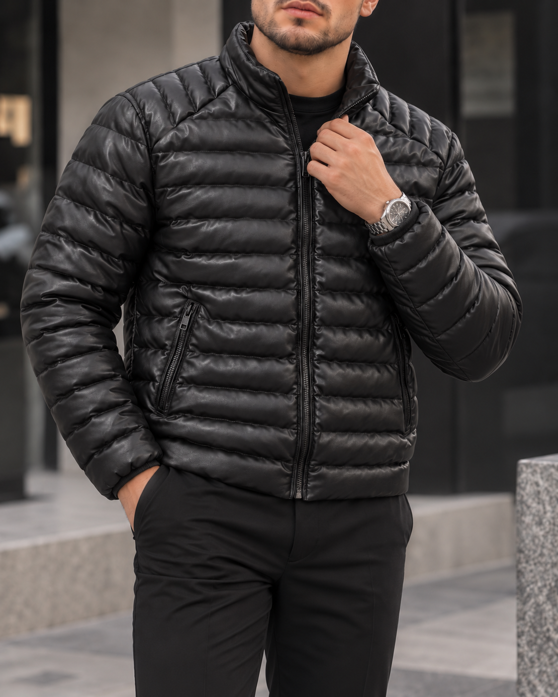Black Horizontal Quilted Jacket. 2