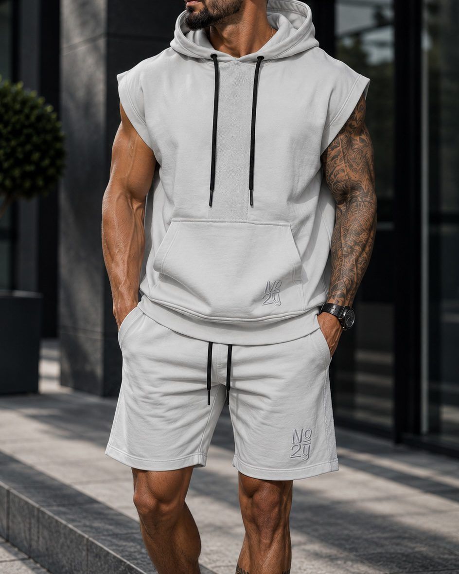 Sleeveless Hooded Shorts Set – Grey gallery.thumbnail 2