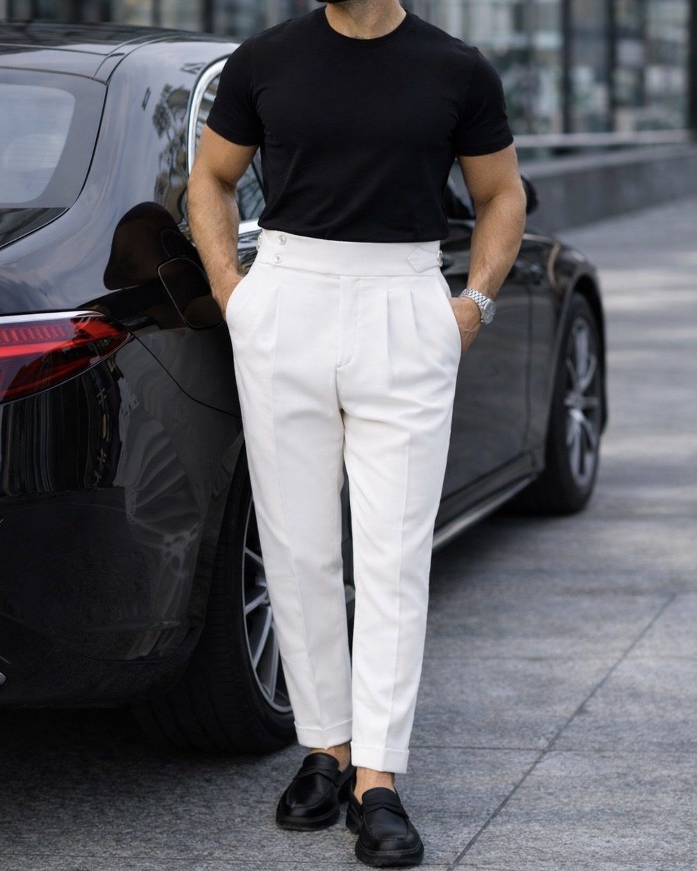 Double Pleat Side Adjuster Trousers – White gallery.thumbnail 2