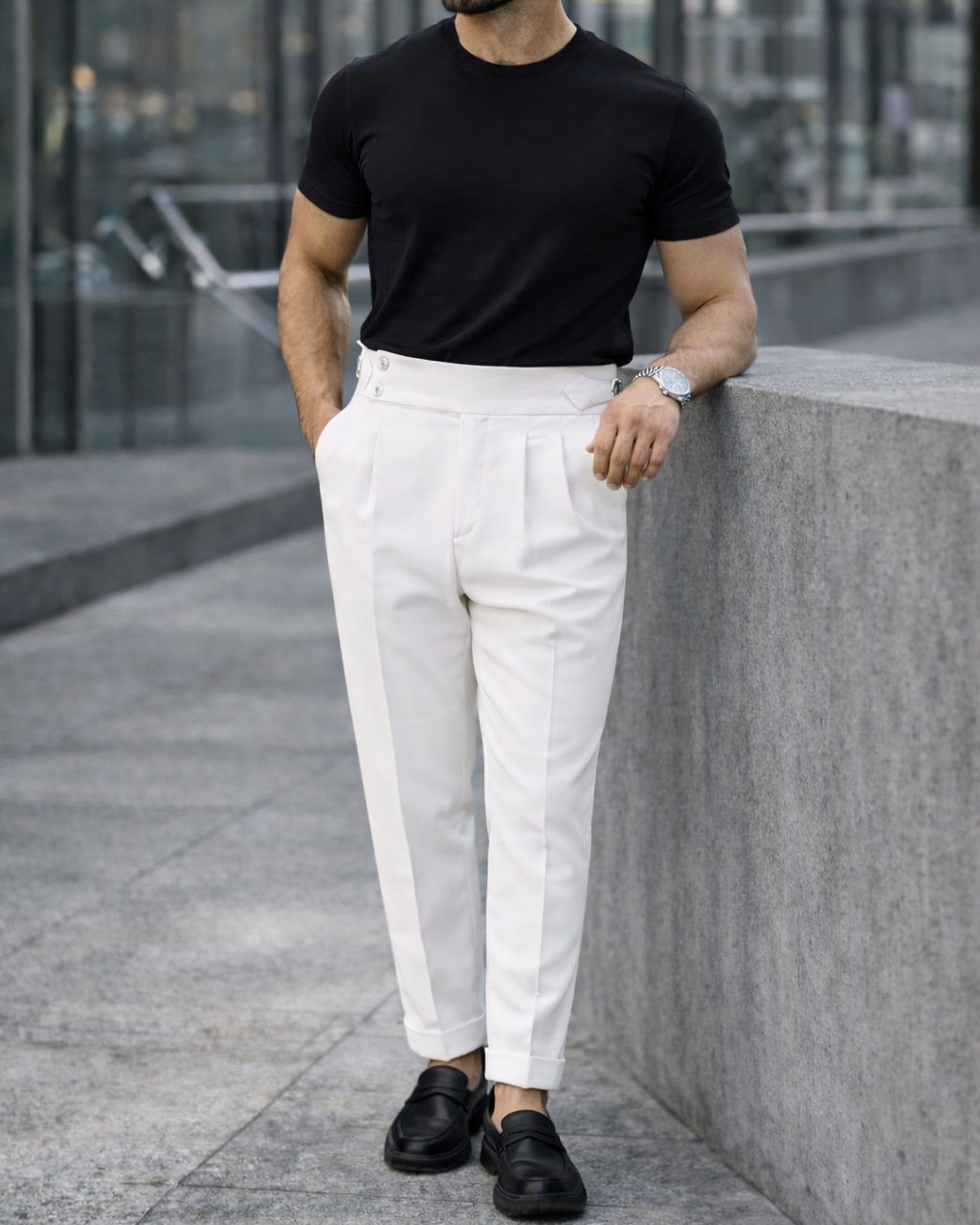 Double Pleat Side Adjuster Trousers – White gallery.thumbnail 3