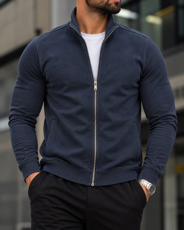 Washed Navy Stand Collar Zip Sweatshirt