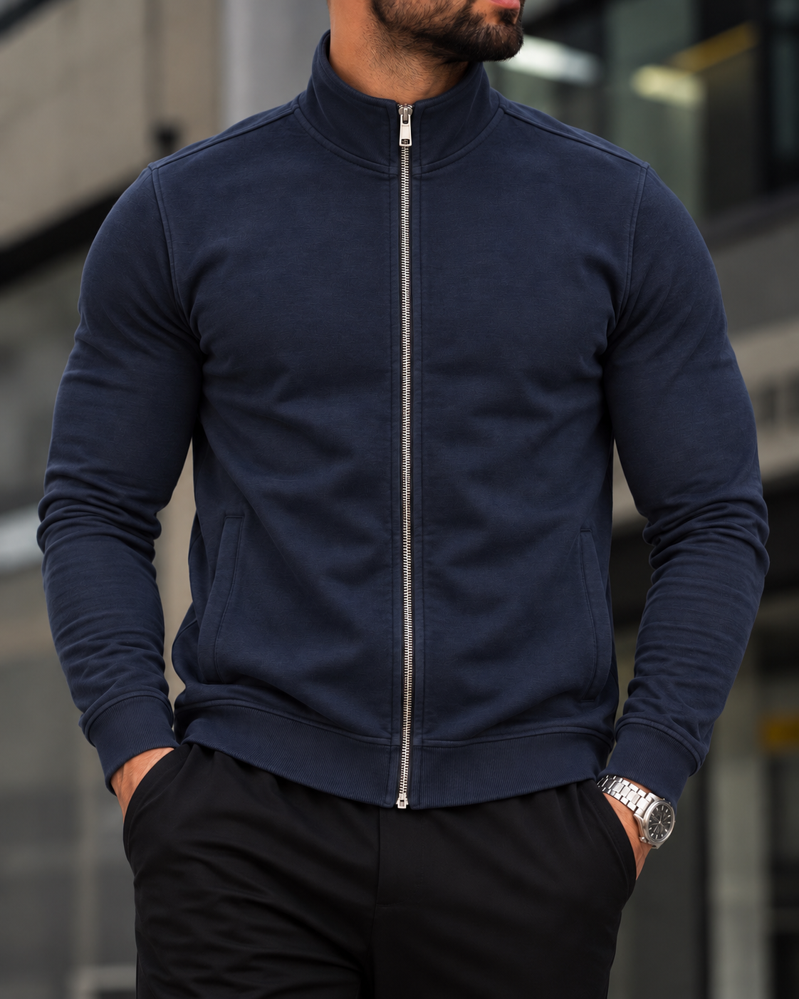 Washed Navy Stand Collar Zip Sweatshirt 2