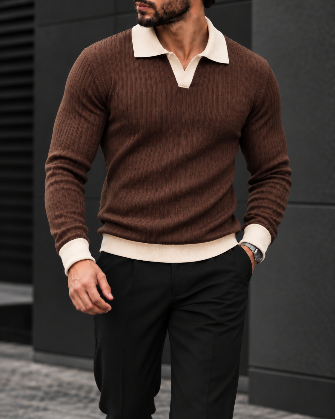 Brown Contrast Collar Knit Polo gallery.thumbnail 2