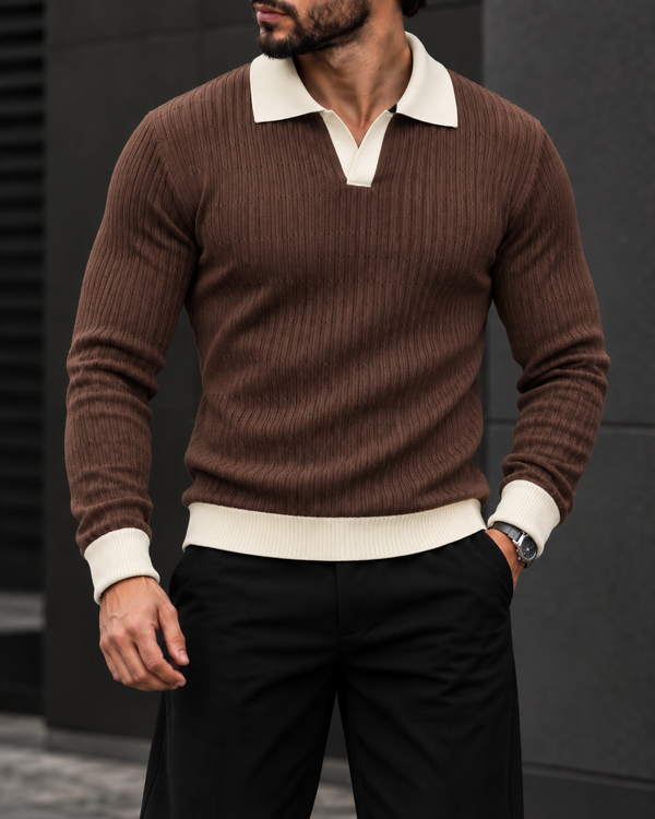 Brown Contrast Collar Knit Polo