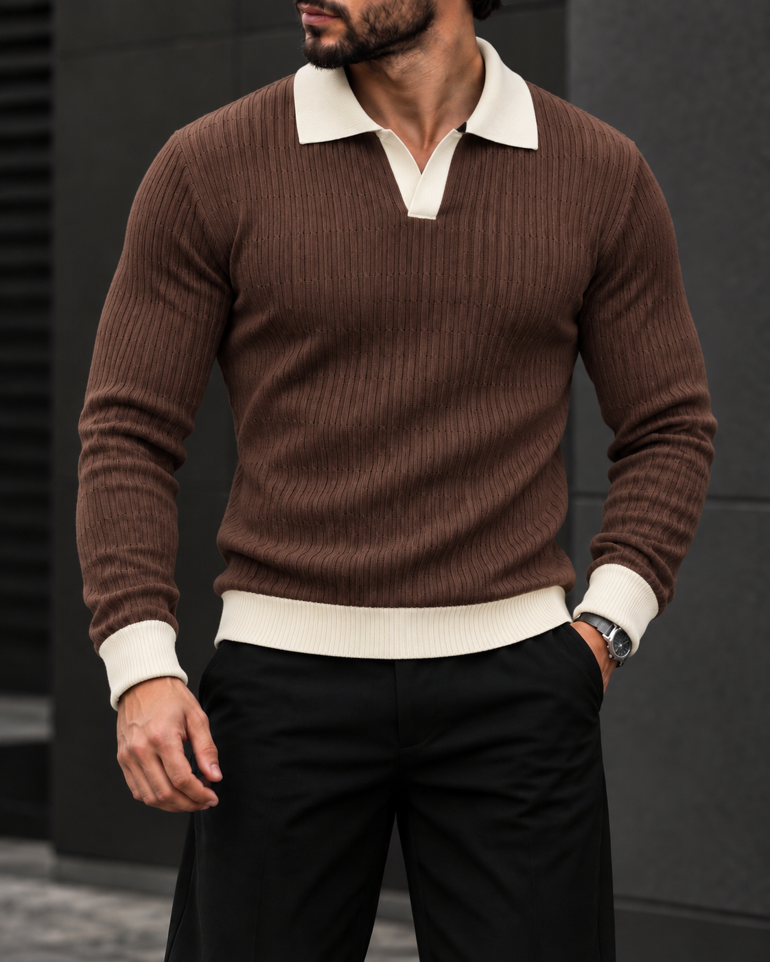 Brown Contrast Collar Knit Polo 1